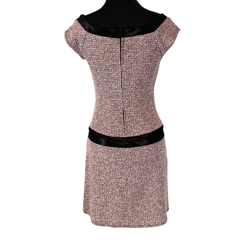 VTG Ruby Rox Pink Black Tweed Bow Off Shoulder Mini Dress Womens Small 60s Style - Picture 3 of 8